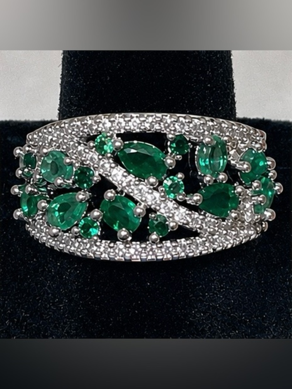 NEW Silvertone & Lab-Created Emerald and Sapphire Multilayer Ring | Sz 8